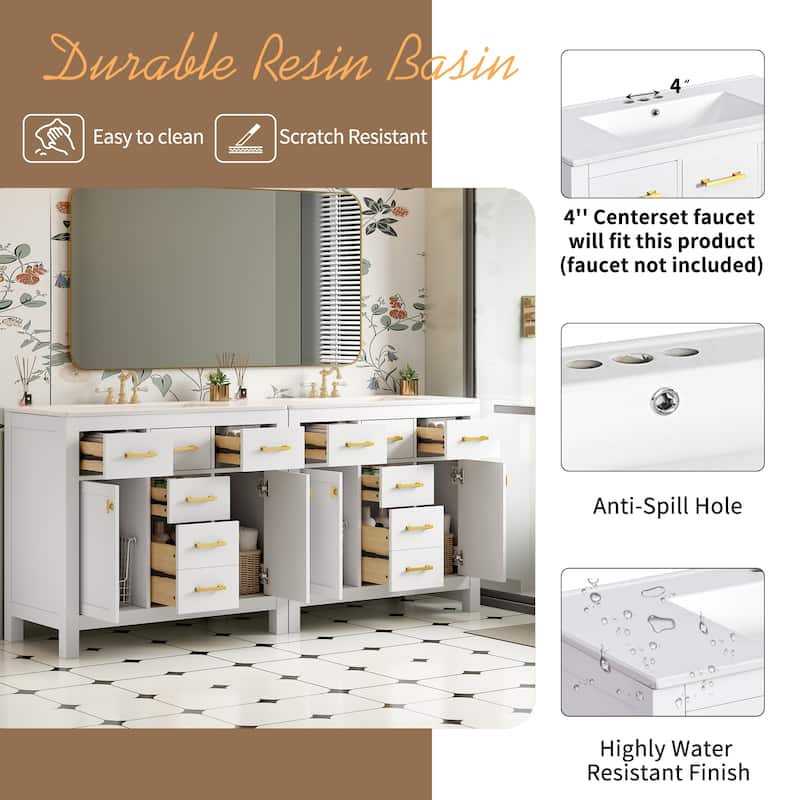 72''Vanity With Ceramic Sink Combo Set, Modern Freestanding Single Cabinet With 4 Drawers & 2 Cabinets,Storage Cabinet