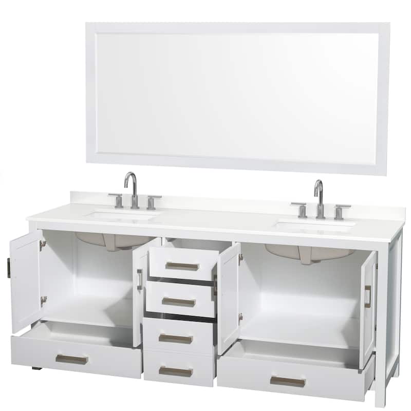 Sheffield 80-inch Double Vanity, 3 Hole Quartz Top, 70-inch Mirror
