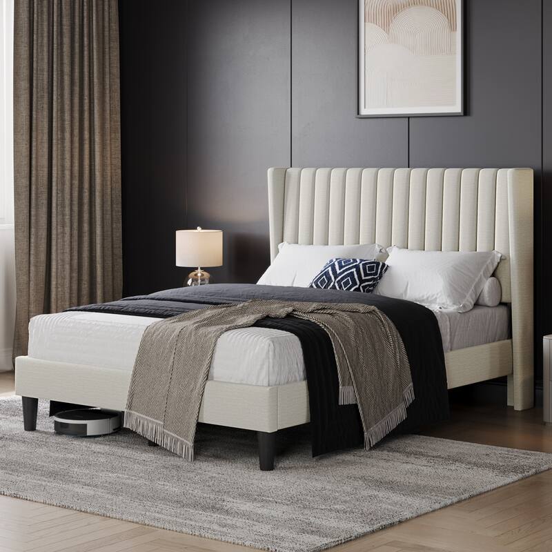 Yaheetech Upholstered Bed Frame with Wing Side Fabric Upholstered Bed with Headboard - Ivory - Full