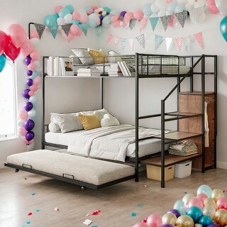 Twin Over Full Bunk Bed with Wardrobe,Trundle and Storage