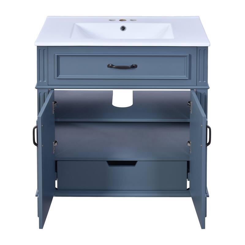 Bathroom Vanity with Ceramic Sink, Solid Wood Bathroom Sink Vanity, Storage Cabinet with Pull-Out Drawer & Tip-Out Drawer