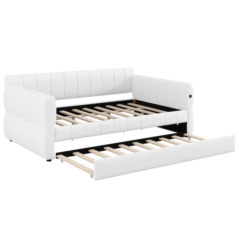 Modern Fabric Upholstered Daybed Queen Size Sofa Bed Frame with Backrest and Armrests, USB Charging Ports, No Box Spring Needed