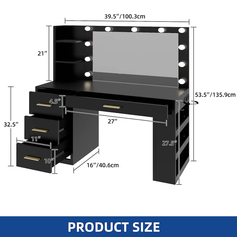 Moasis 40" Makeup Vanity with Mirror and Lighted ,Vanity Table with Power Outlet and 4 Drawers & Storage Shelves