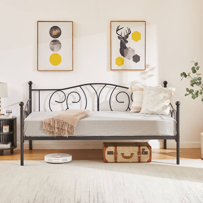 VECELO Metal Twin Size Daybed with Roman Column Legs Scroll Design Heavy Duty 350 lbs Capacity Sofa Bed for Living Room