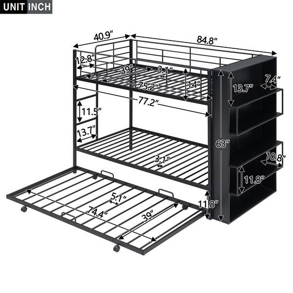 Twin Metal Bunk Bed with Bookshelf and Trundle in Black