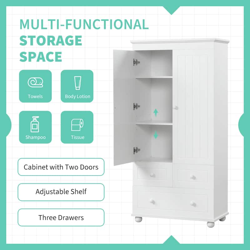 62.7" Tall Bathroom Storage Cabinet with 3 Drawers and Adjustable Shelf, Freestanding Organizer with Doors