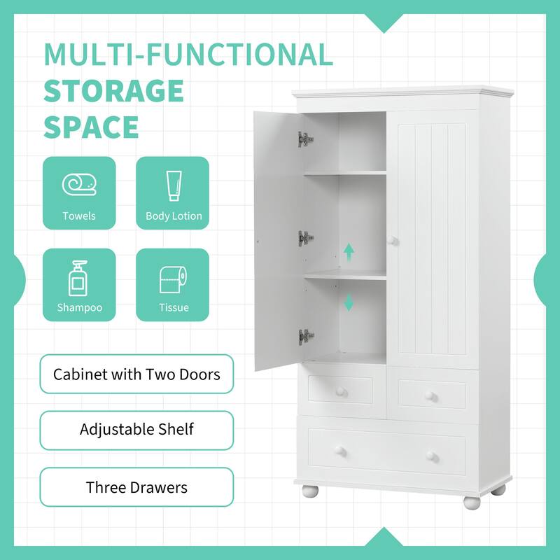 GDFStudio - Adrian Tall Storage Cabinet with Three Drawers and Adjustable Shelves, MDF