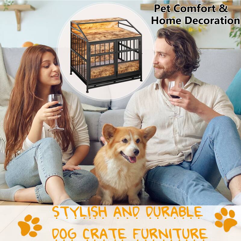 2 Doors Multi-Function Furniture Dog Crates with Adjustable Footrest, Wooden Dog Kennel with Pull-Out Tray
