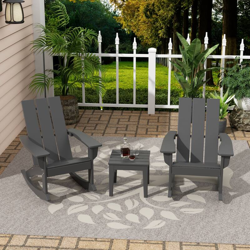 Shoreside Modern Eco-Friendly All Weather Poly Adirondack Rocking Chairs with Side Table (3-Piece Set) - Gray