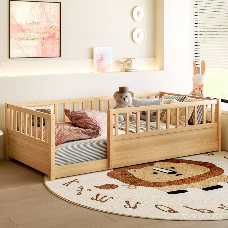 Full/Twin Montessori Floor Bed with Security Barrier & Door - Children's Wooden Bed Frame