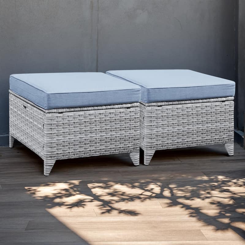Wicker Rattan Ottoman Outdoor Patio Ottoman - Mix White - Baby Blue