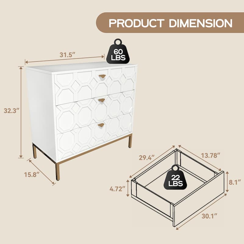 Clihome Modern Wooden Glossy 3-Drawer Storage Chest