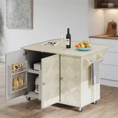51.2" Wood Rolling Kitchen Island w/ Drop Leaf, Internal Storage Rack