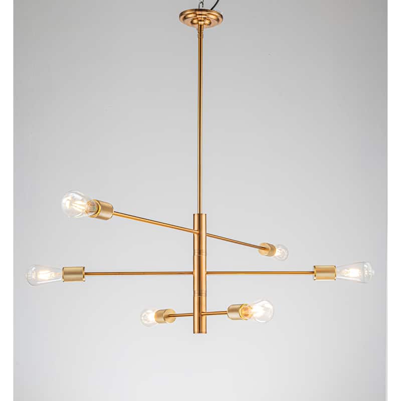 CraftHome W47" 6-Light Mid-Century Modern Chandelier in Brass Industrial Linear Pendant Light for Dining Room - W:47" - W:47" - Antique Brass