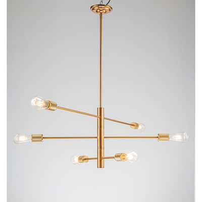CraftHome W47" 6-Light Mid-Century Modern Chandelier in Brass Industrial Linear Pendant Light for Dining Room - W:47"