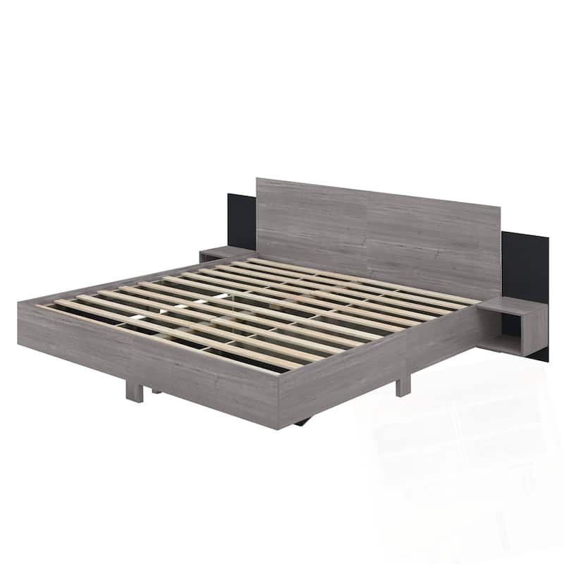 Wooden Floating Platform Bed, with LED Lights and Bedside Nightstand