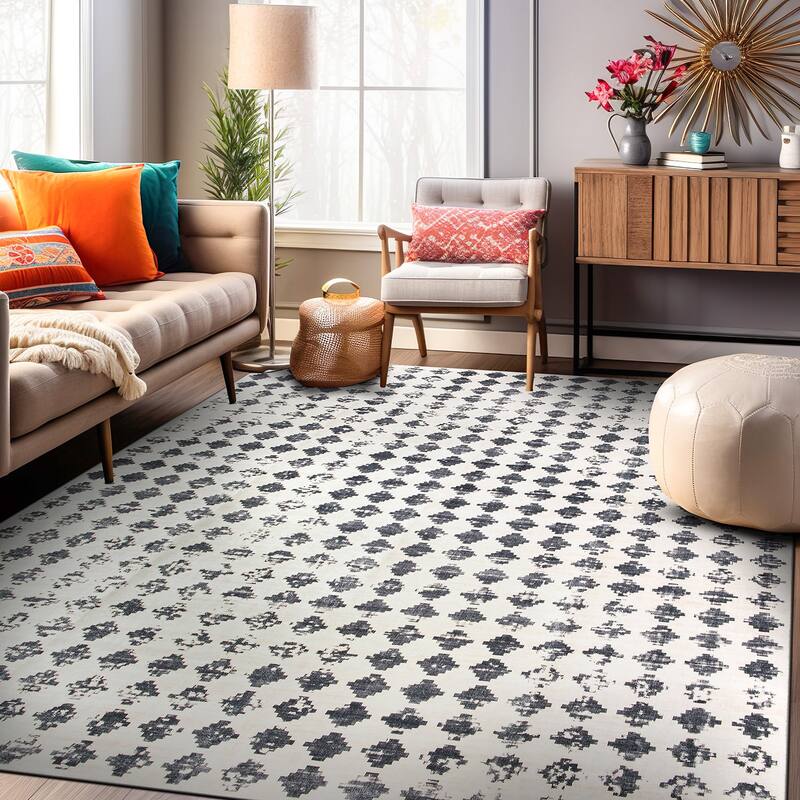 World Rug Gallery Geometric Distressed Abstract Washable Non Slip Area Rug - Ivory - 5'x7'