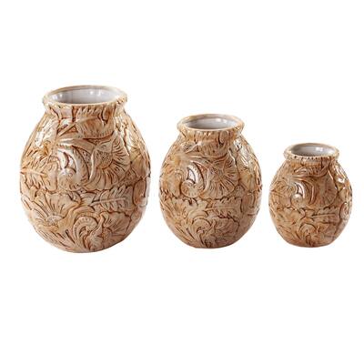 Paseo Road by HiEnd Accents Chestnut Tooled Leather Vase Set,3PC
