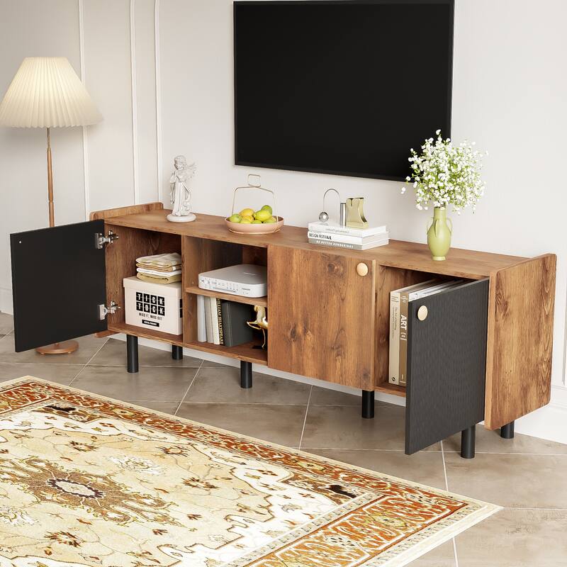 Mid-century TV Stand for TVs up to 70" with 3 Cabinets and 2 Open Storage Compartments, for Living Room and Bedroom
