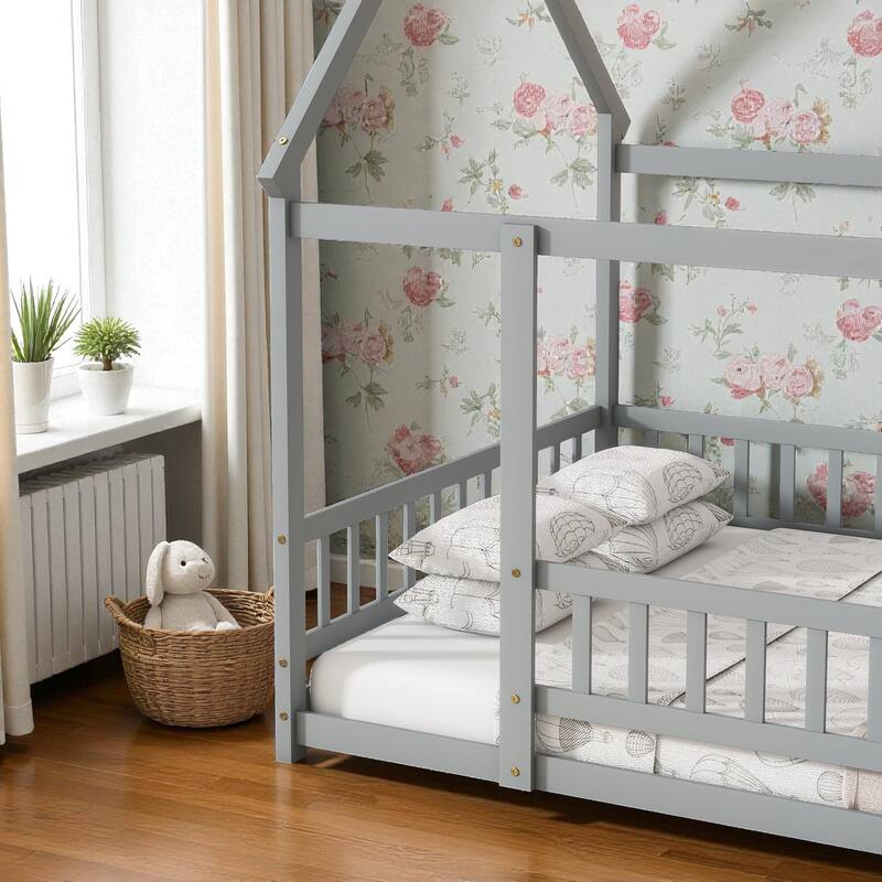 Full Size House Floor Bed with Roof Frame and Guardrails, Solid Wood Montessori Bed for Kids with Fence Design