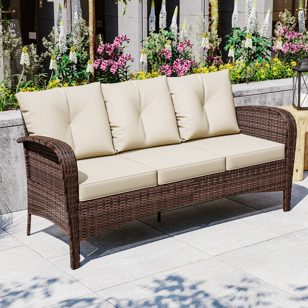 Cozywor 72"Wide 3-Seat Brown Wicker Outdoor Sofa, Couch Patio Sofa with Deep Seating and Thick Cushions, Red