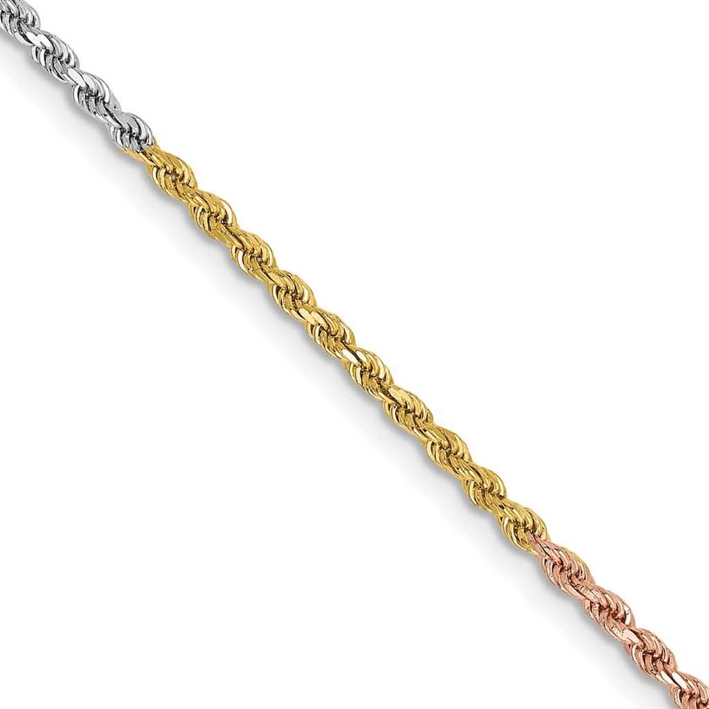 Curata 14k Tri Color Solid Gold 1.8mm Sparkle Cut Rope Chain Bracelet Lobster Claw
