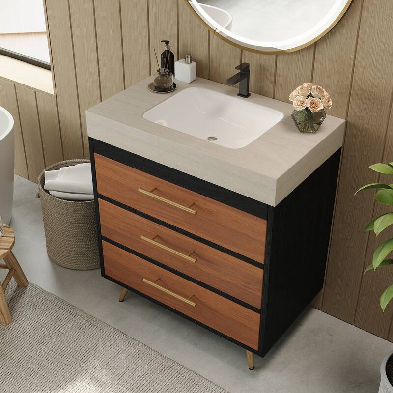 29.9" Modern Free-Standing Vanity with Ceramic Vessel Sink & Durable Sintered Stone Top