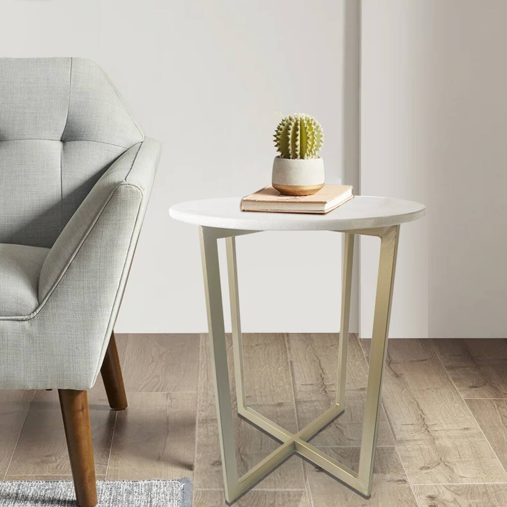 Set of Two White Marble and Gold Geo Nesting End Tables - 22" x 18" x 18"