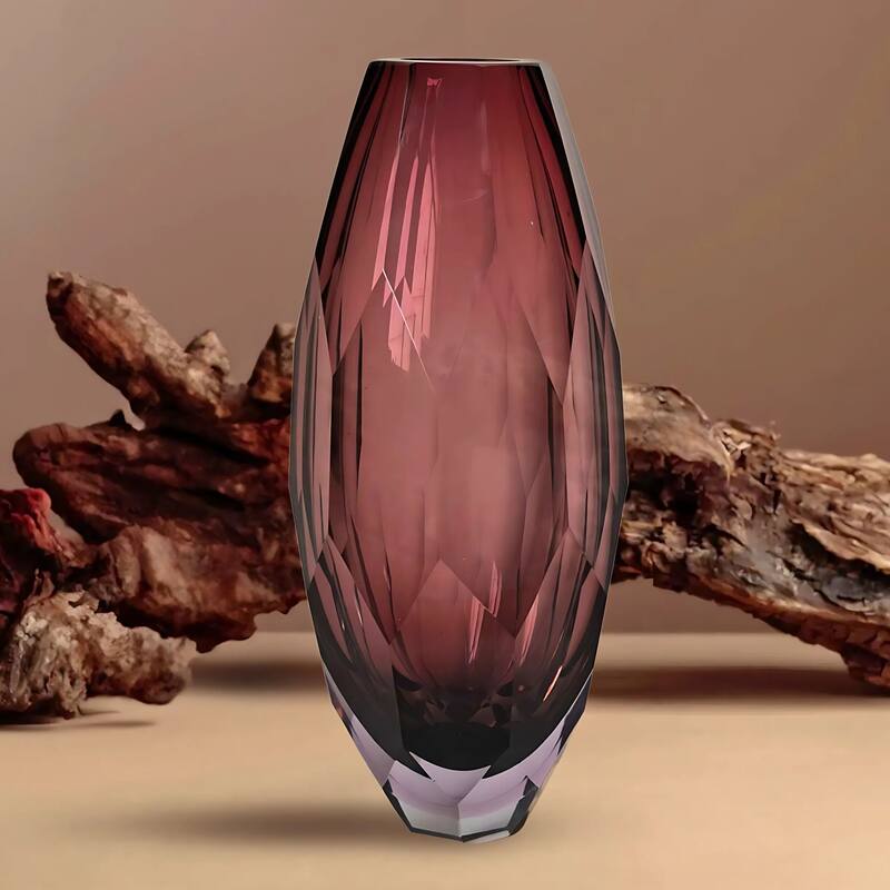 Plum Fancy Cut Glass Vase with Art Deco Inspired Geometric Design