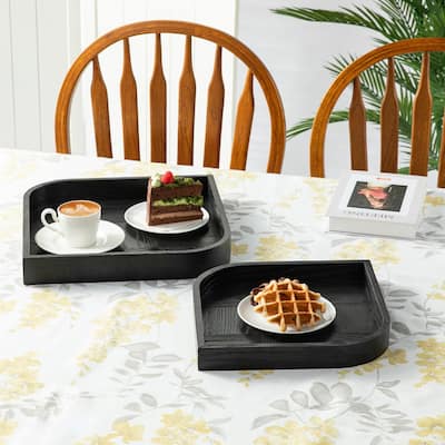 Glitzhome 11.5"/ 14"D Modern Leaf Shape Carved Wooden Decorative Trays Set of 2