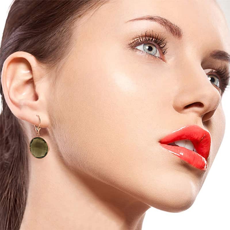 14K Solid Gold Leverback Gemstone Earrings Round Smoky Quartz