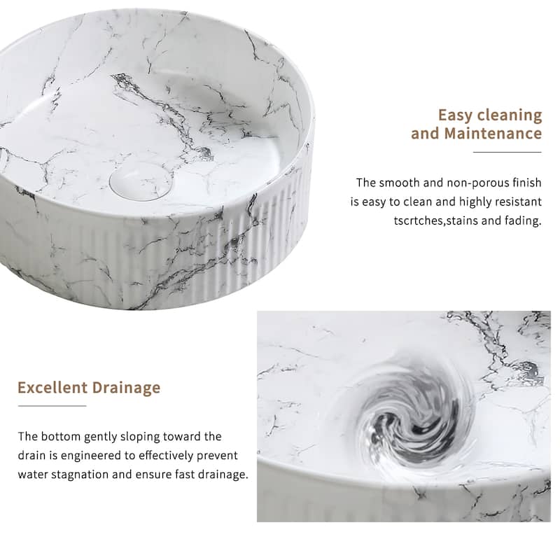 GDFStudio - Luxury Ceramic Vessel Sink with Marble Pattern Surface, Included Faucet and Drain - 15"