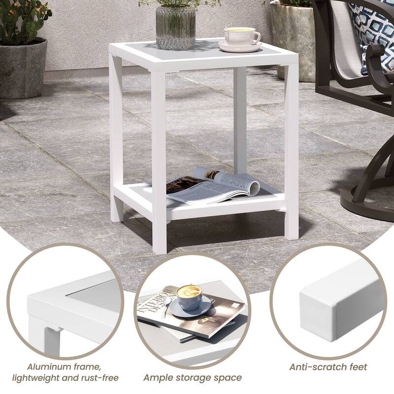 All Weather 2-Tier Patio End Table Outdoor Side Table Aluminum Frame - 15.75" L * 15.75" W * 19.68" H