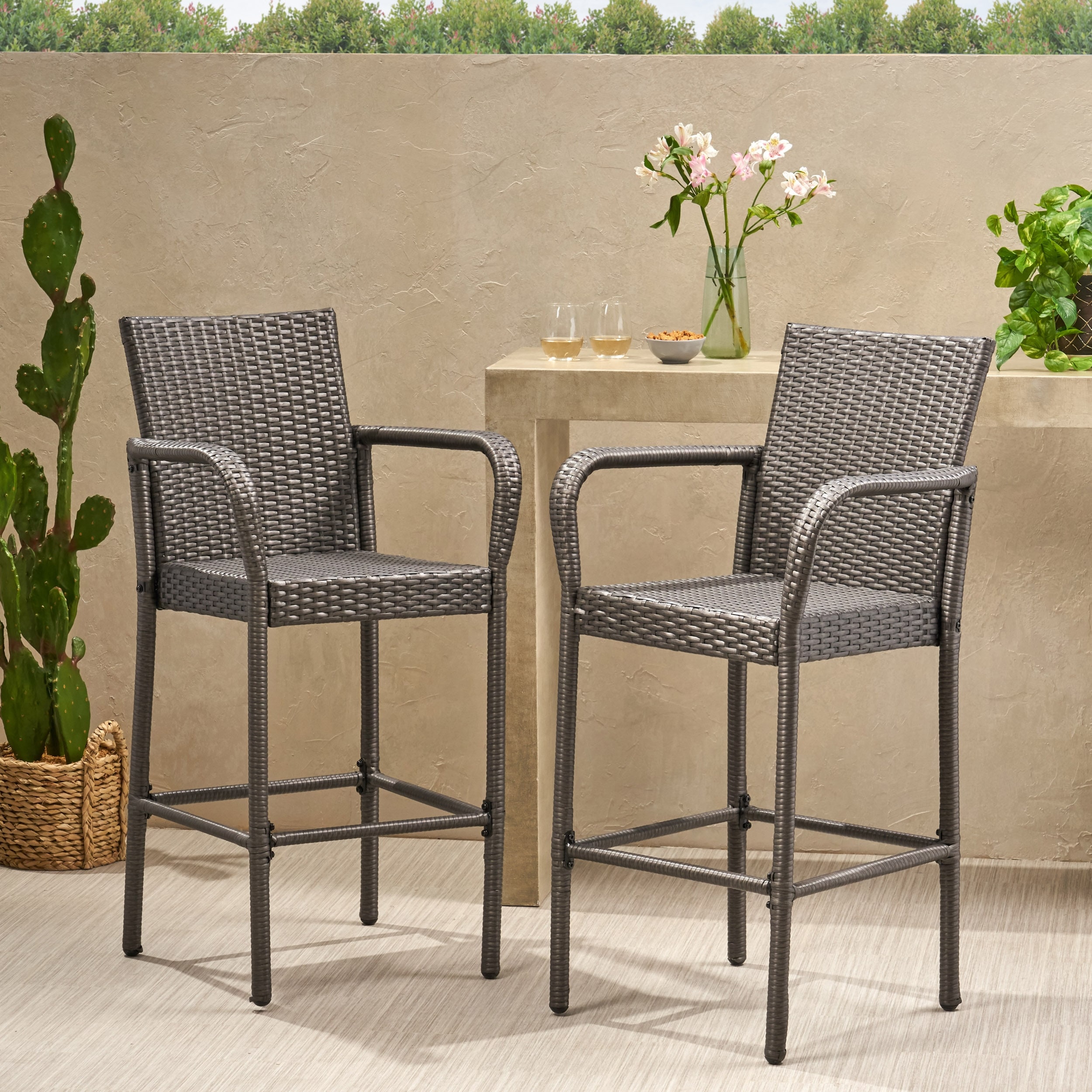 Christopher Knight Home Delfina Outdoor Wicker Barstools (Set of 2) - Modern Patio Seating - 24.80" D x 24.35" W x 46.50" H