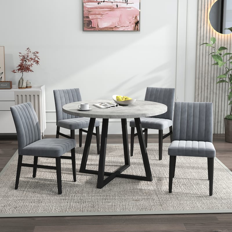 Roundhill Furniture Edo 5-Piece Dining Set, Round Table with 4 Upholstered Chairs,