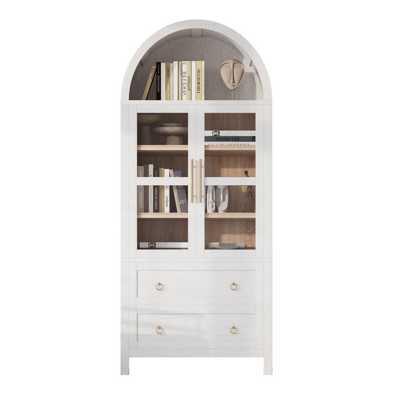 Farmhouse 71" Tall Arched Kitchen Pantry Cabinet with 2 Large Drawers, Modern Kitchen Storage Cabinets with Adjustable Shelves