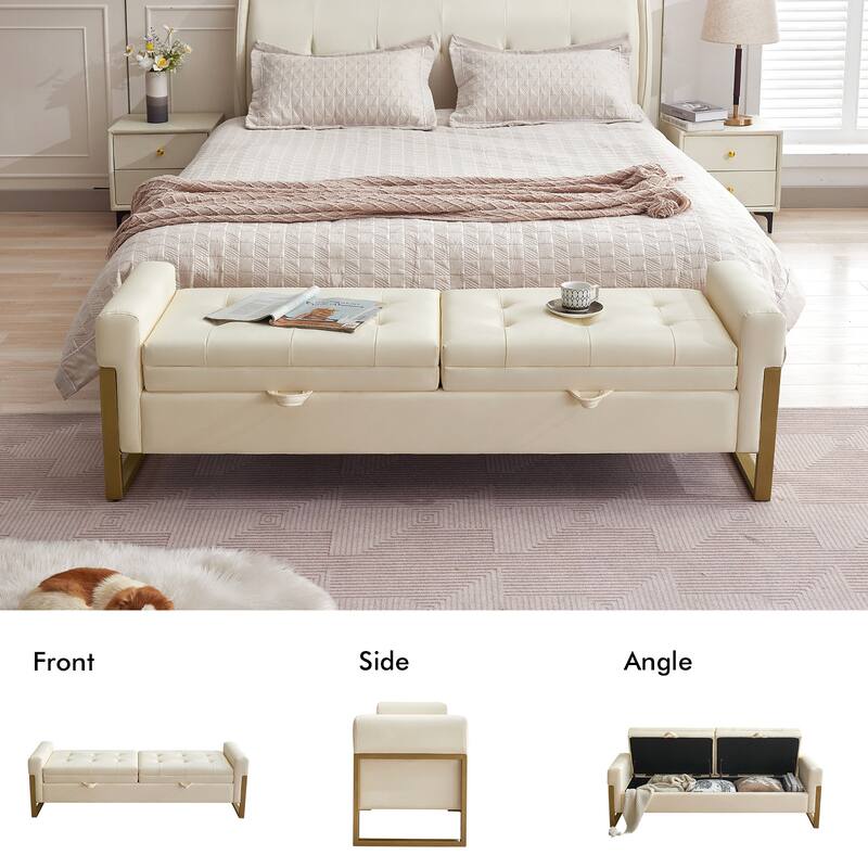 66" Storage Bench for Bedroom End of Bed with Double Lids and Gold Legs