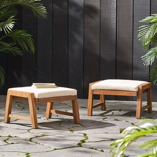 Temecula Acacia Wood Outdoor Ottomans with Cushion Set of 2 by