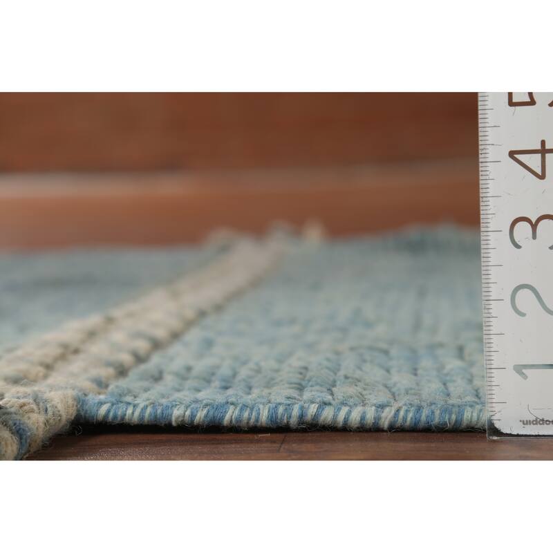 Light Blue Striped Moroccan Modern Runner Rug Hand-Knotted Wool Carpet - 3'0"x 15'8"