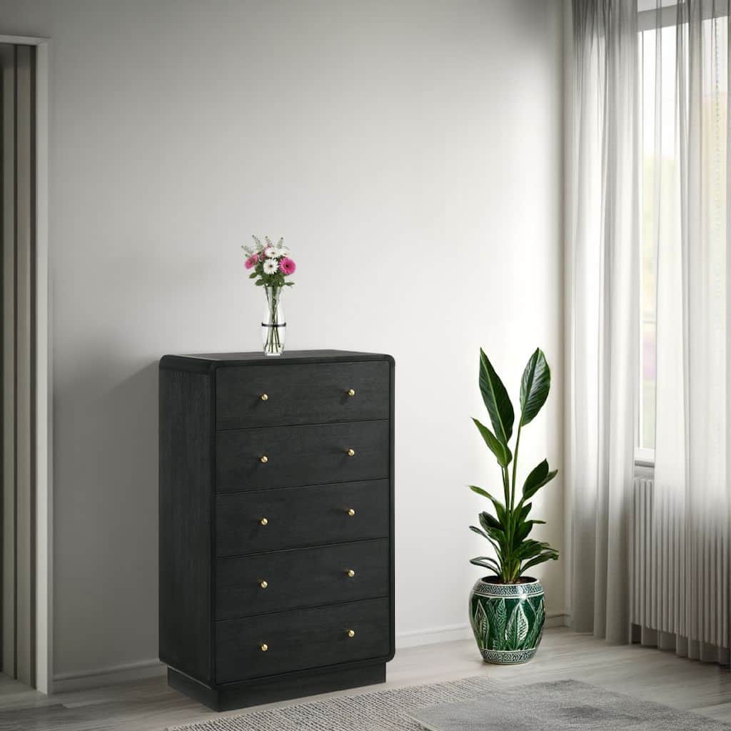 Cavy Tall Dresser Chest, 6 Drawers, Black Wood, Round Gold Knobs