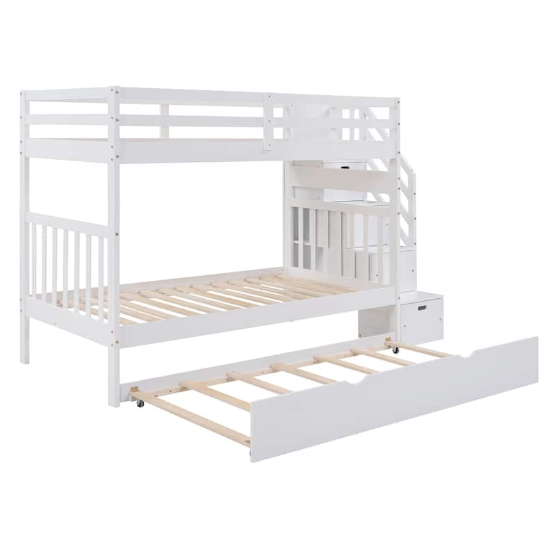 Twin Over Twin/Full Bunk Bed with Trundle and Storage Drawers, Solid Pine Wood, Staircase Access