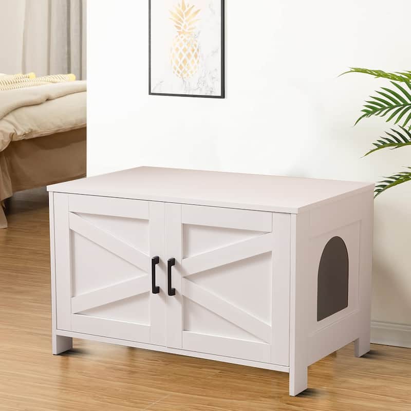 Classic Wooden Cat Litter Box House with Two Front Doors - White