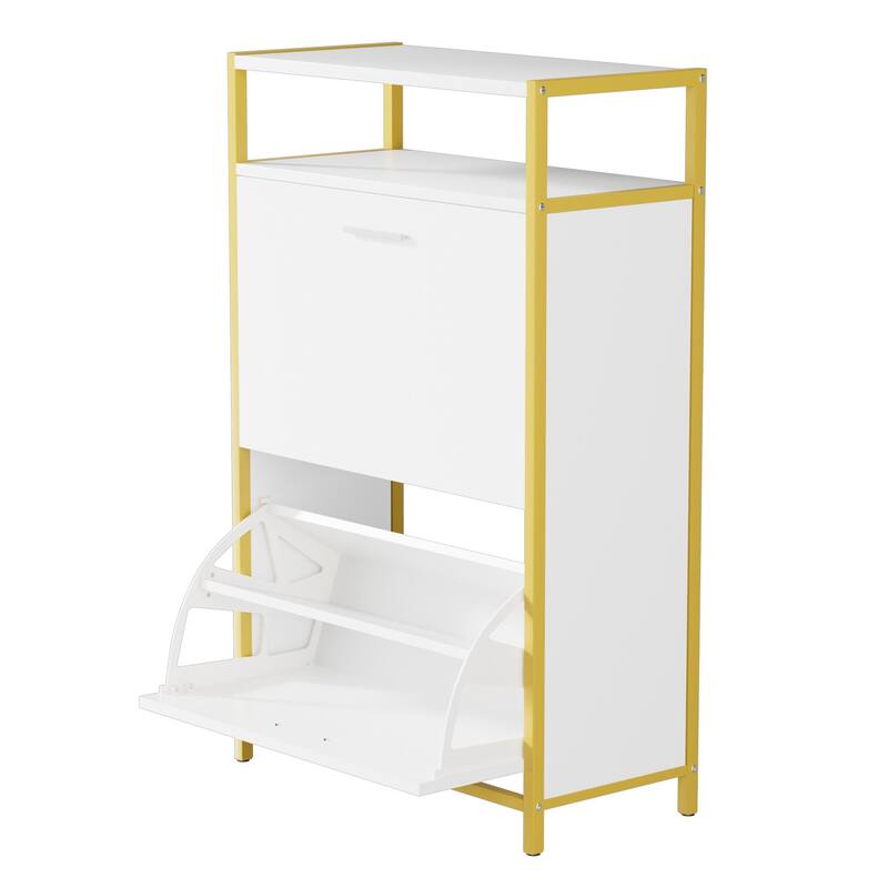 VECELO White and Gold Shoe Storage Cabinet with 2 Flip Drawers & Open Shelf Entryway Organizer for Hallway and Living Room