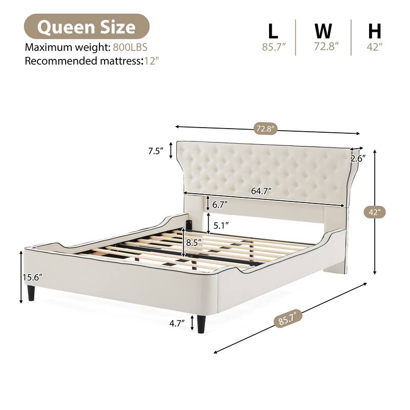 Christopher Knight Home - Aveline Modern Upholstered Platform Bed with Curved Back Headboard and Button Tufted Design