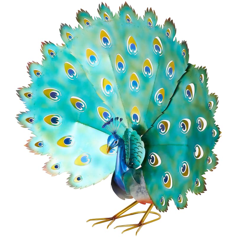 Metal Peacock Garden Sculpture with Gold Legs and Teal Wings - Blue - Roche River Decor