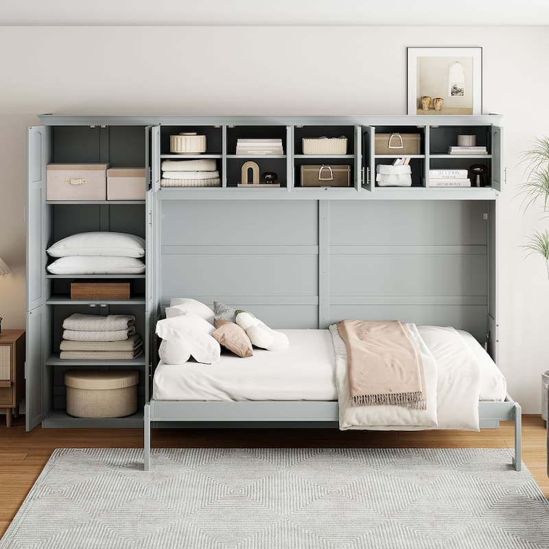 Queen Size Murphy Bed Storage Wall Bed Frame with Cabinets, Solid Wood Storage Murphy Cabinet Bed, No Box Spring Needed聽 - Gray - Twin