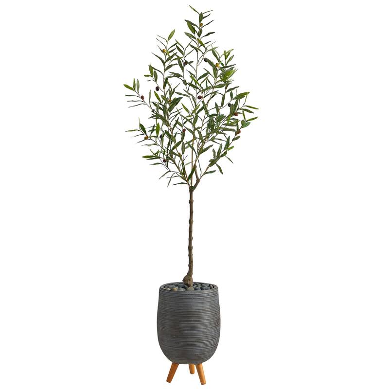Artificial Olive Tree 70 Inch Indoor Outdoor Faux Tree with Planter Stand - Green - 61 Inches and Over