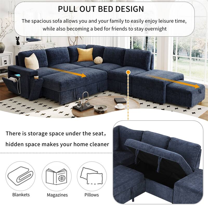 L-shaped Padded Modular Sofa w/Storage Space,USB Ports & Cup Holders