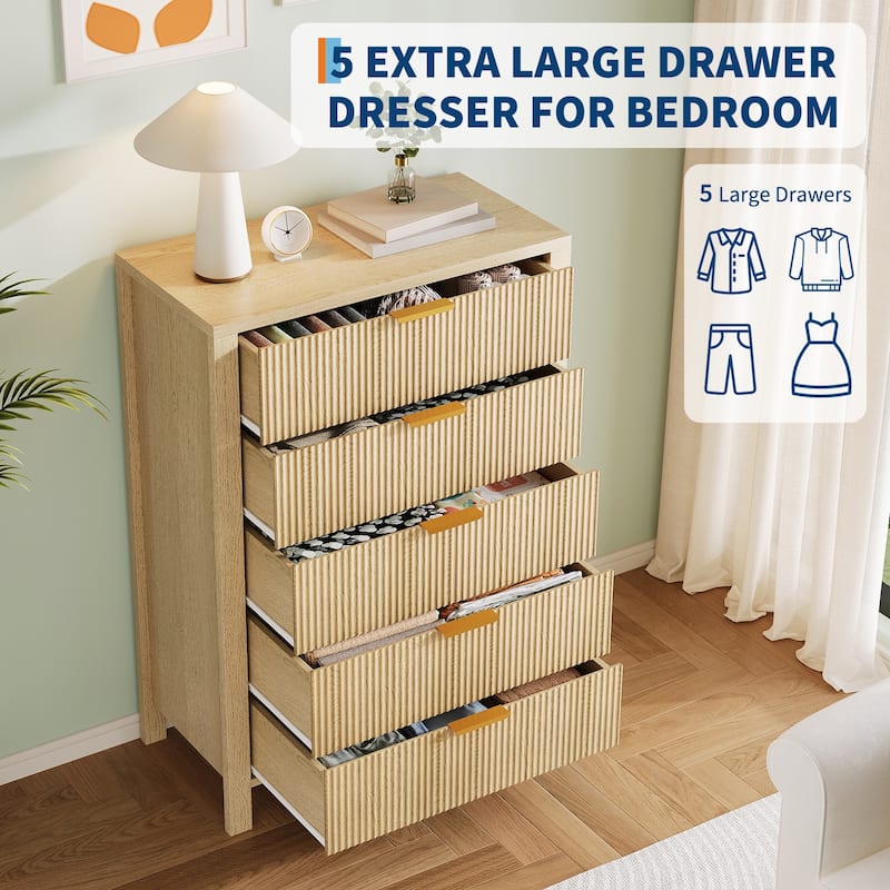 5 Drawer Dresser for Bedroom, 45 Inch Tall Narrow Nightstand, Modern Chest of Drawers, Wooden Storage