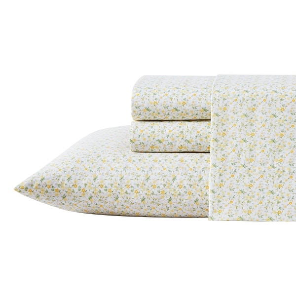 slide 2 of 6, Laura Ashley Soft & Breathable Cotton Percale Deep-Pocket Sheet Set Full - Evie Yellow
